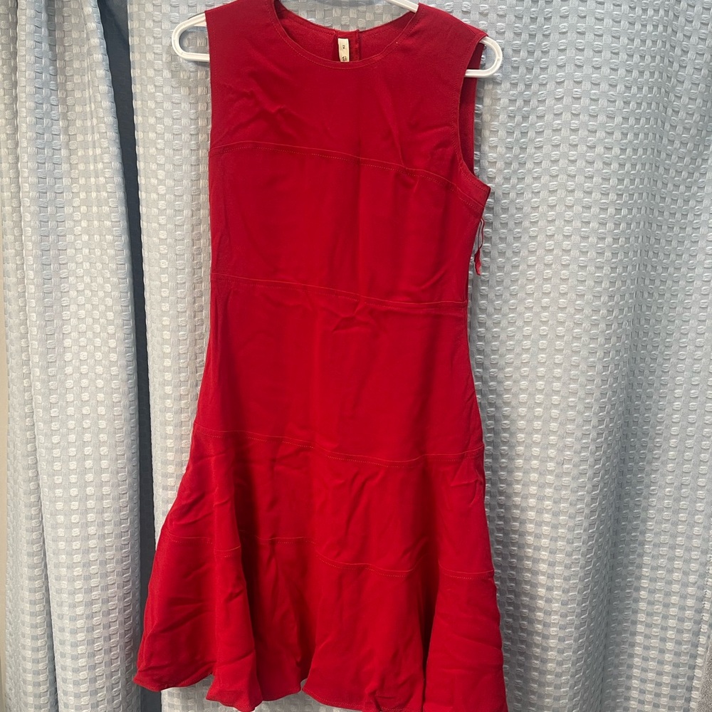 Prada Red Ribbed Mock Neck A-Line Midi Dress